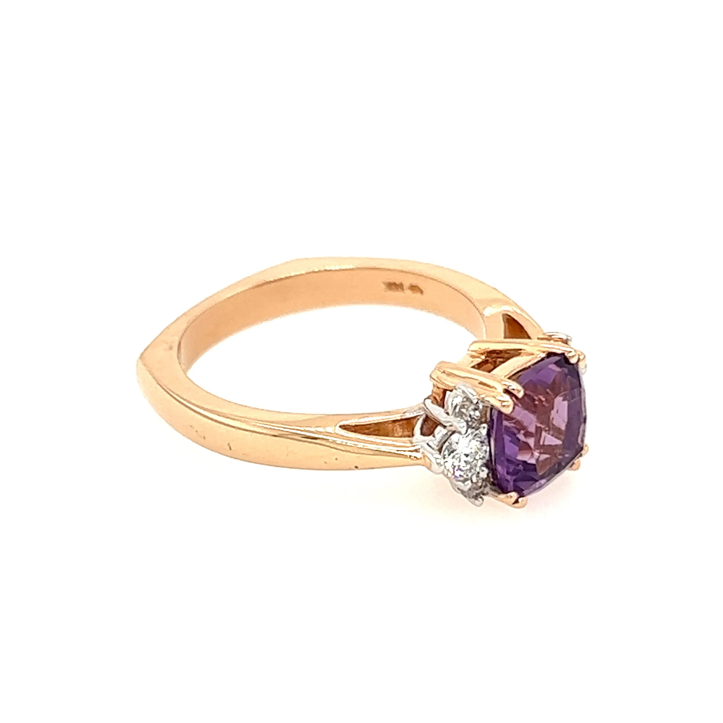 Cushion Amethyst Ring with Six Side Diamonds in 14K Rose Gold