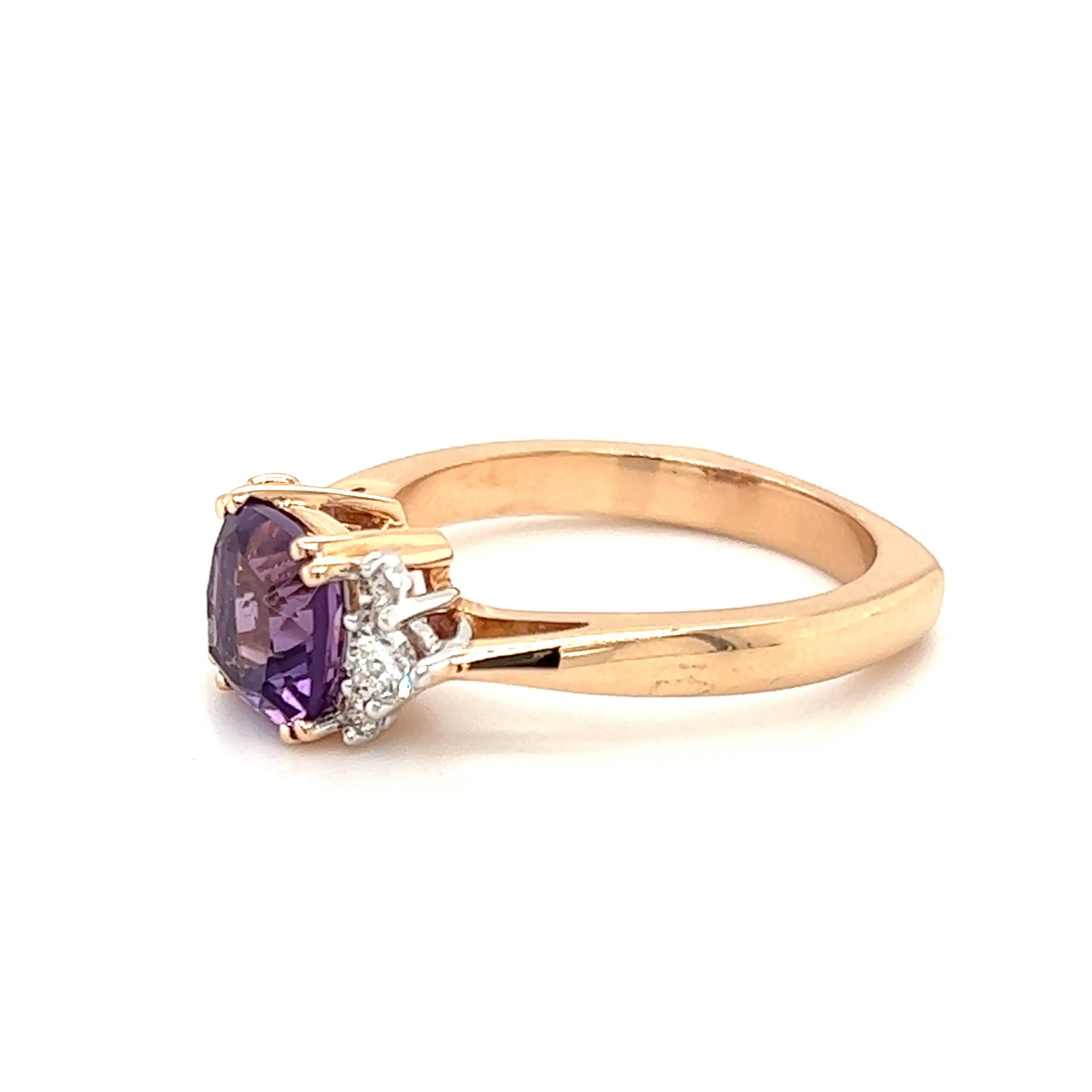 Cushion Amethyst Ring with Six Side Diamonds in 14K Rose Gold