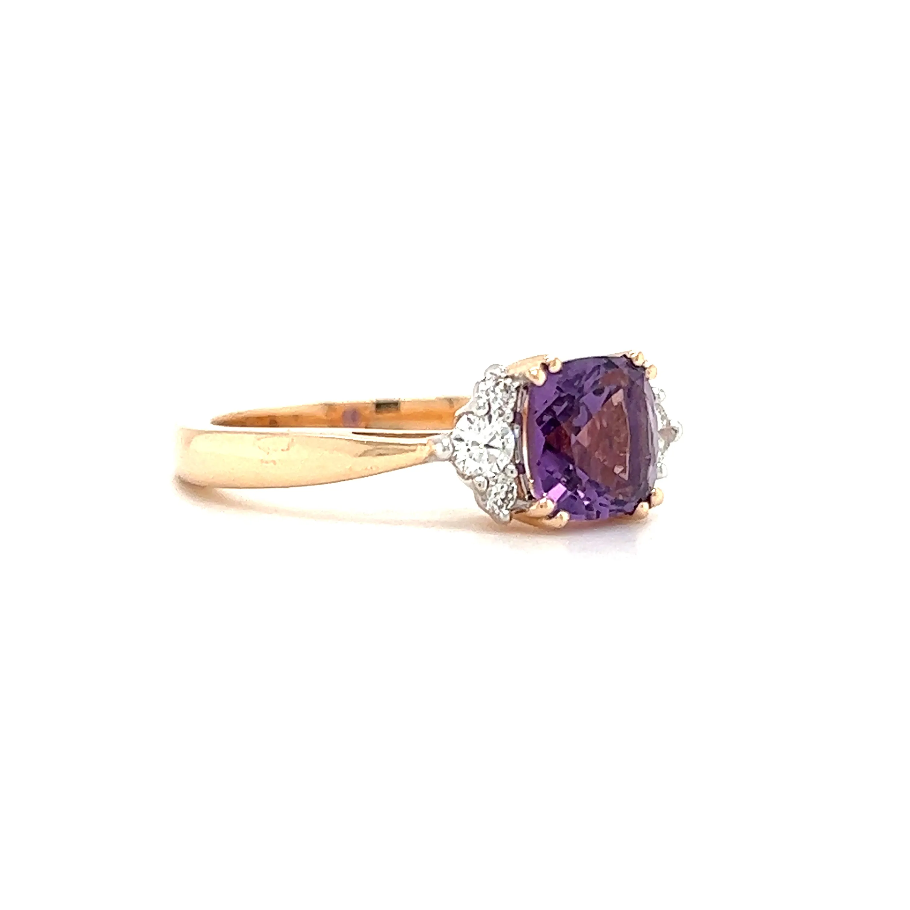 Cushion Amethyst Ring with Six Side Diamonds in 14K Rose Gold