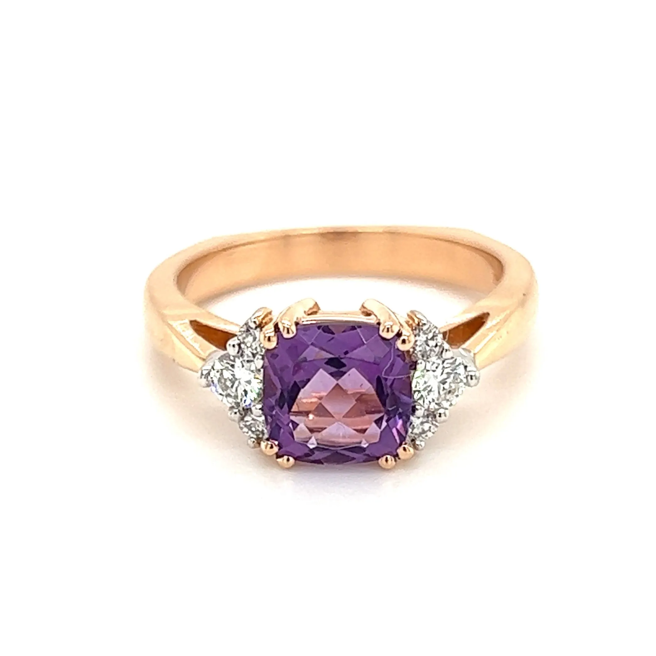 Cushion Amethyst Ring with Six Side Diamonds in 14K Rose Gold