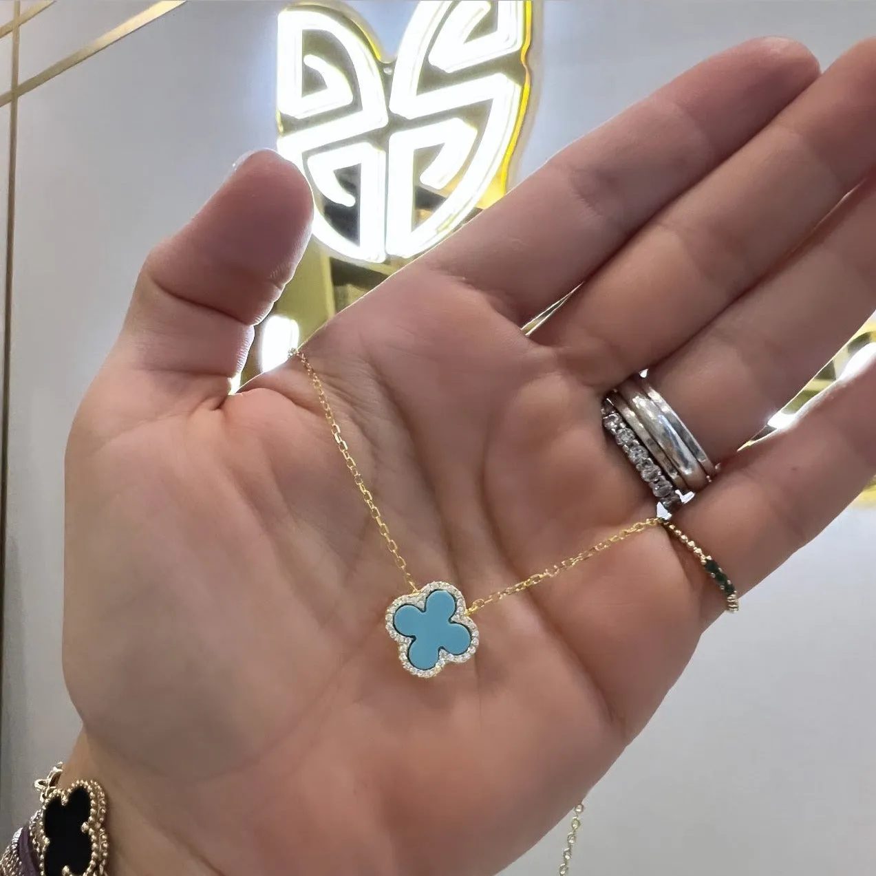 CZ Halo Turquoise Clover Necklace