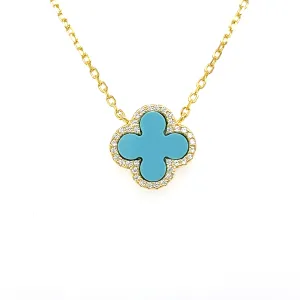 CZ Halo Turquoise Clover Necklace