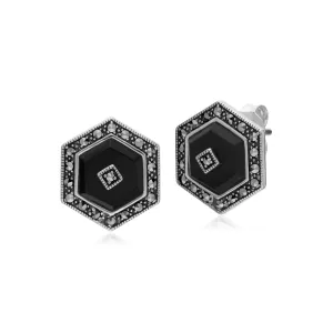 Damen Sterling Silber Schwarz Onyx und Markasit Hexagon Ohrstecker