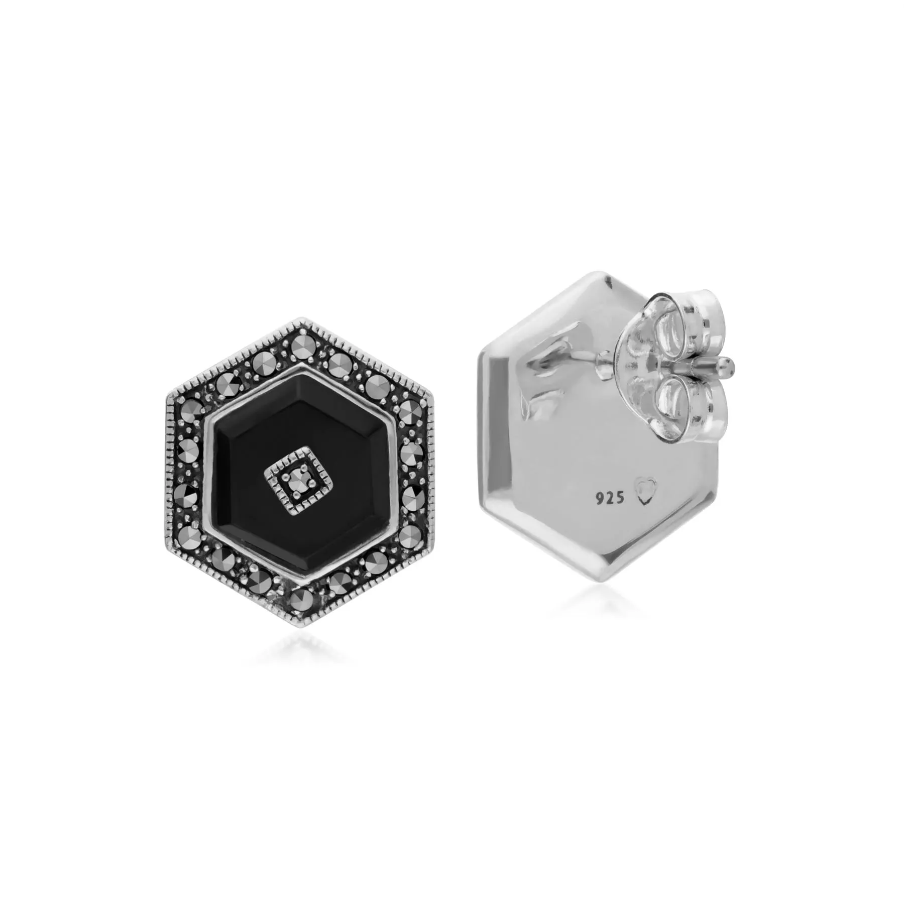 Damen Sterling Silber Schwarz Onyx und Markasit Hexagon Ohrstecker