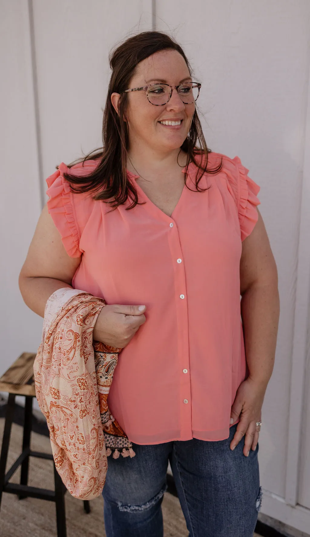 DELLA CURVY CORAL BUTTON DOWN TANK WITH RUFFLE DETAIL