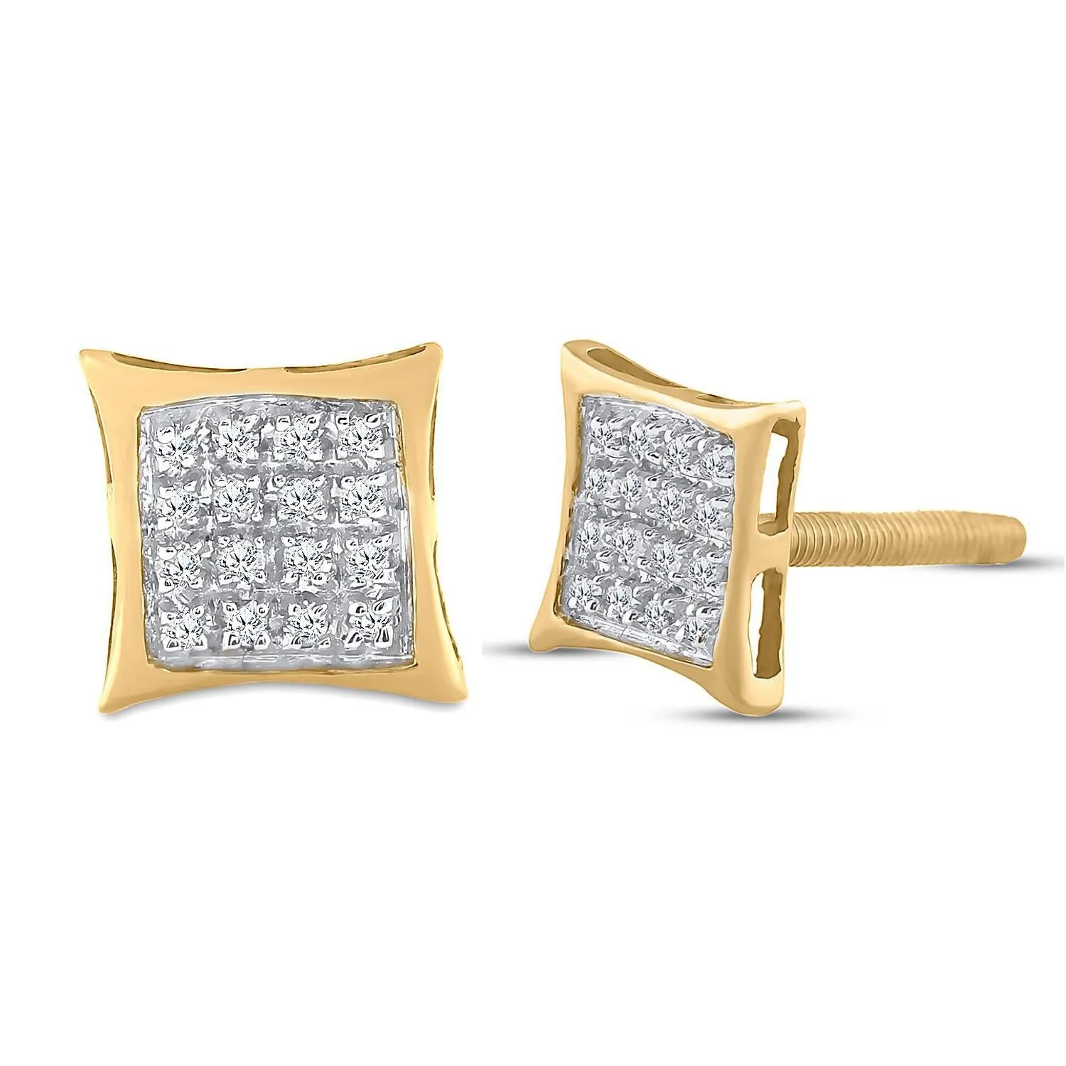 Diamond Stud Square Earrings 925 Sterling Silver Yellow tone Screw Back