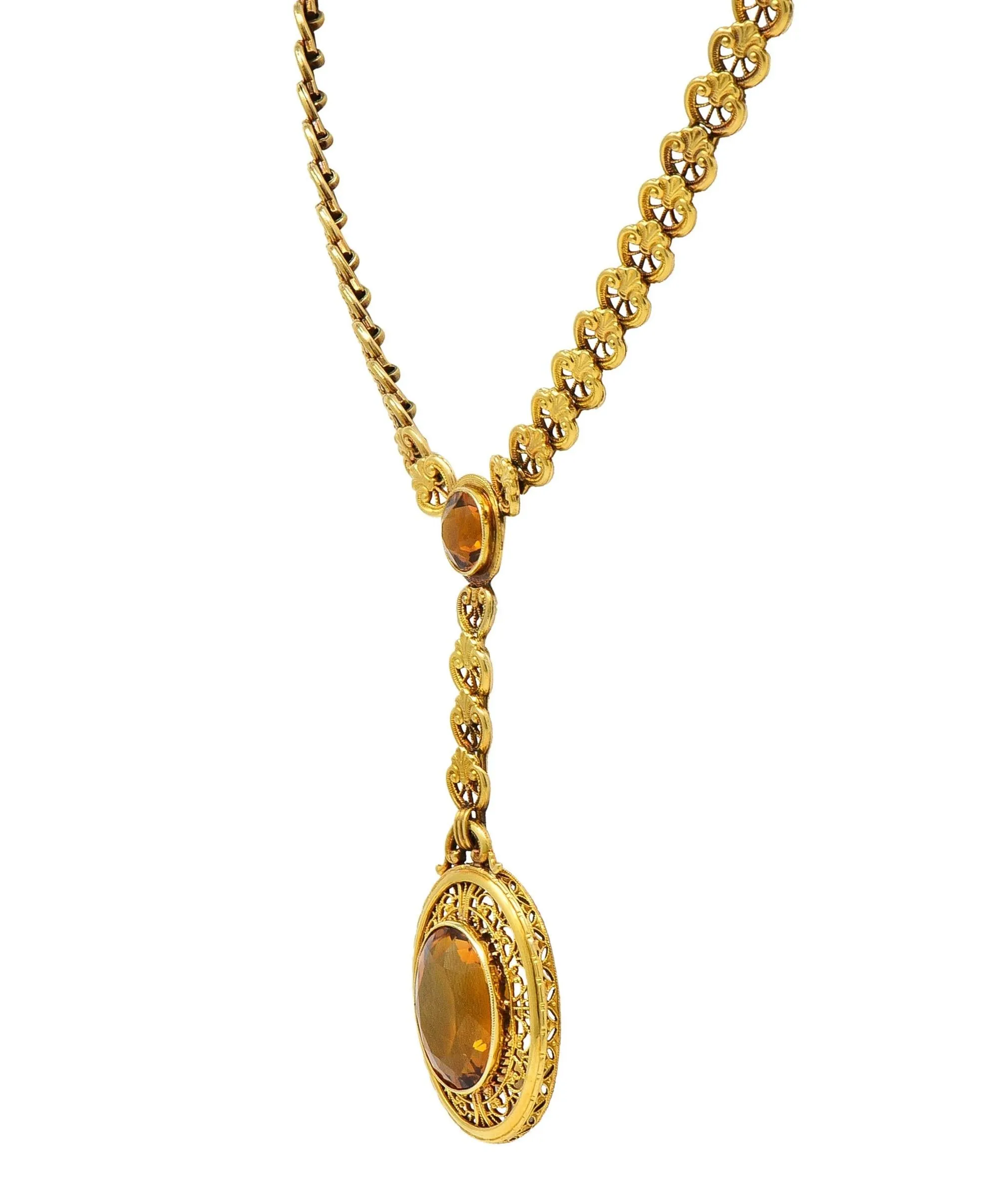 Early Art Deco Bippart & Co. Citrine 14 Karat Yellow Gold Lotus Antique Sautoir Drop Necklace