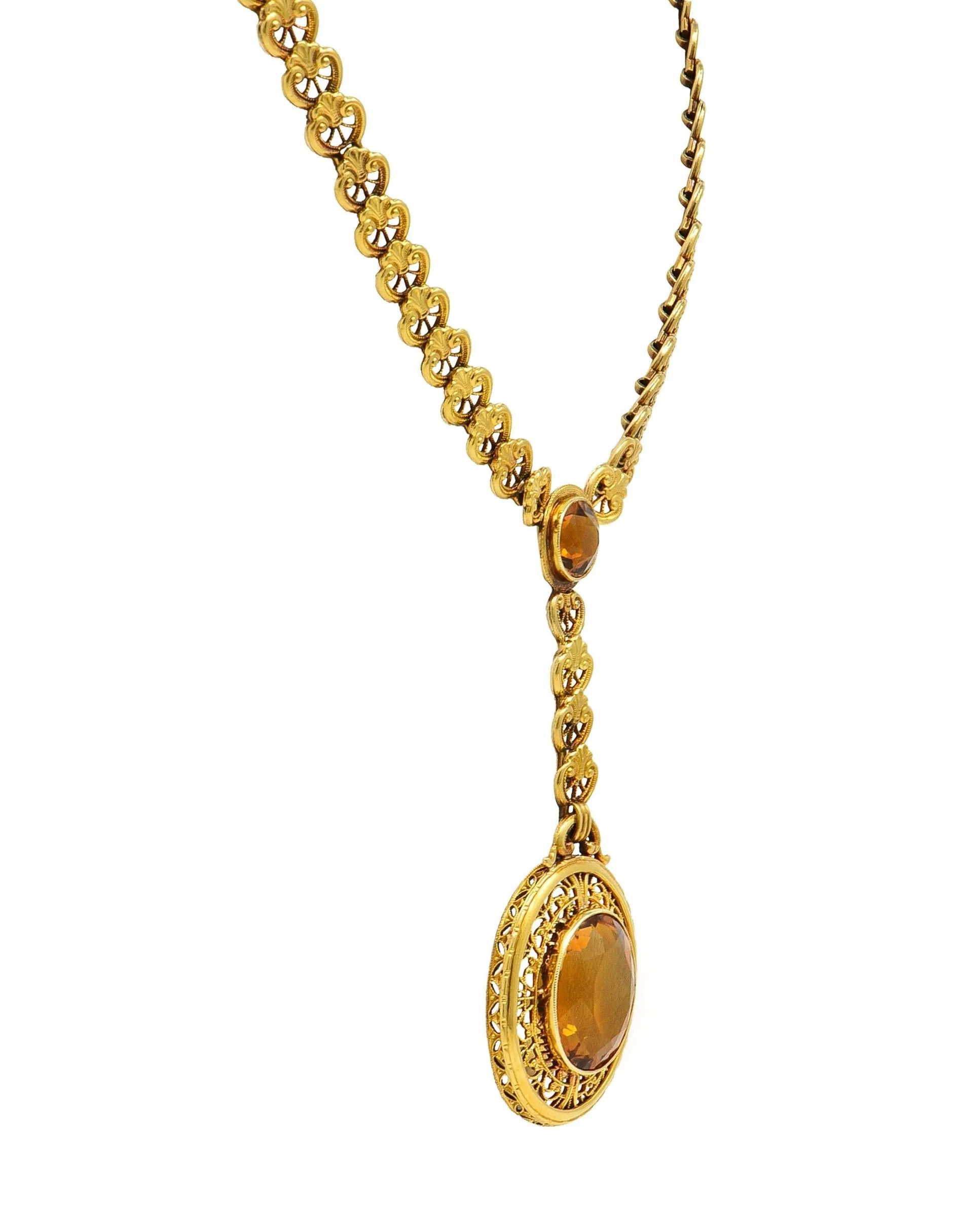 Early Art Deco Bippart & Co. Citrine 14 Karat Yellow Gold Lotus Antique Sautoir Drop Necklace