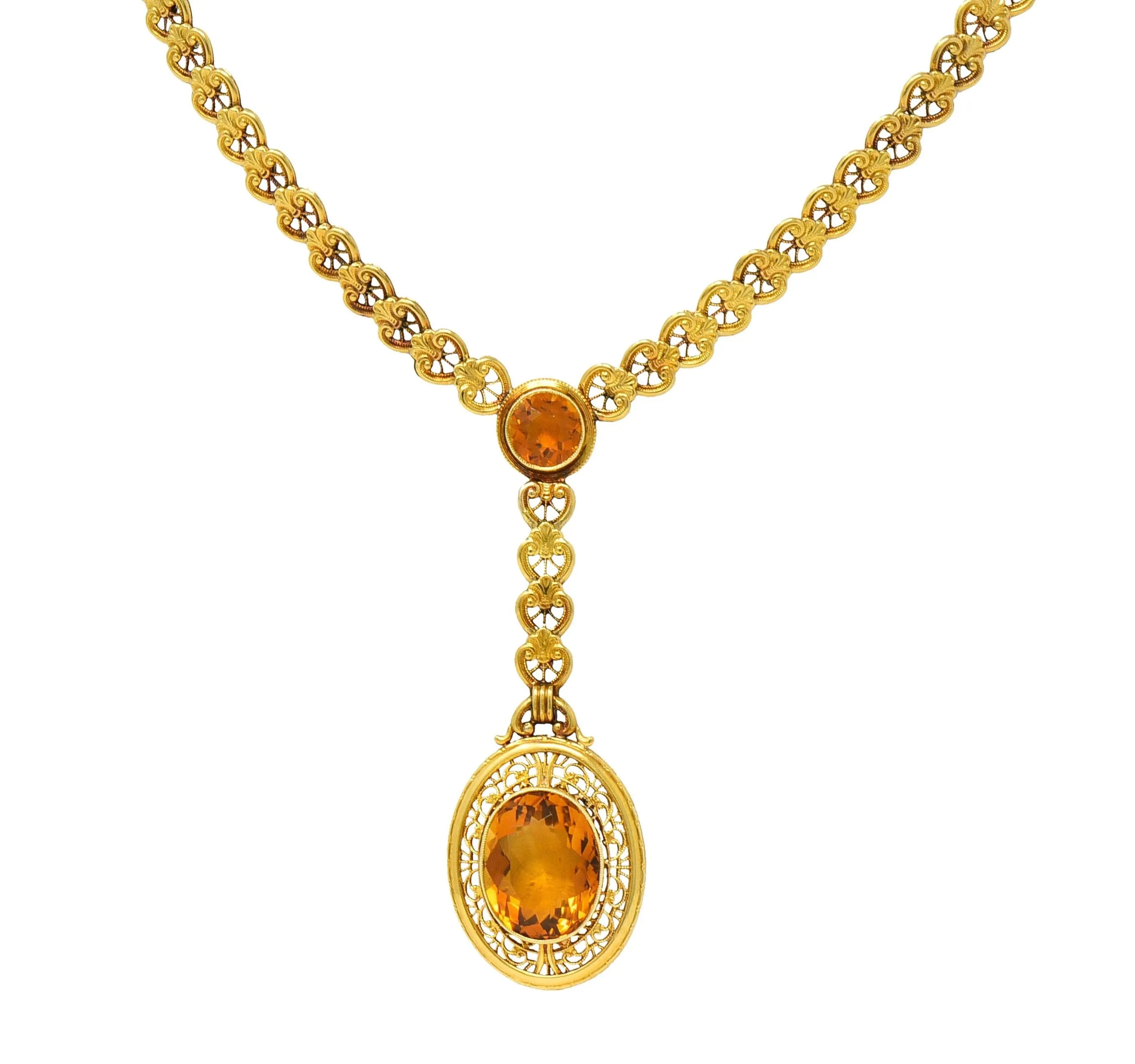 Early Art Deco Bippart & Co. Citrine 14 Karat Yellow Gold Lotus Antique Sautoir Drop Necklace