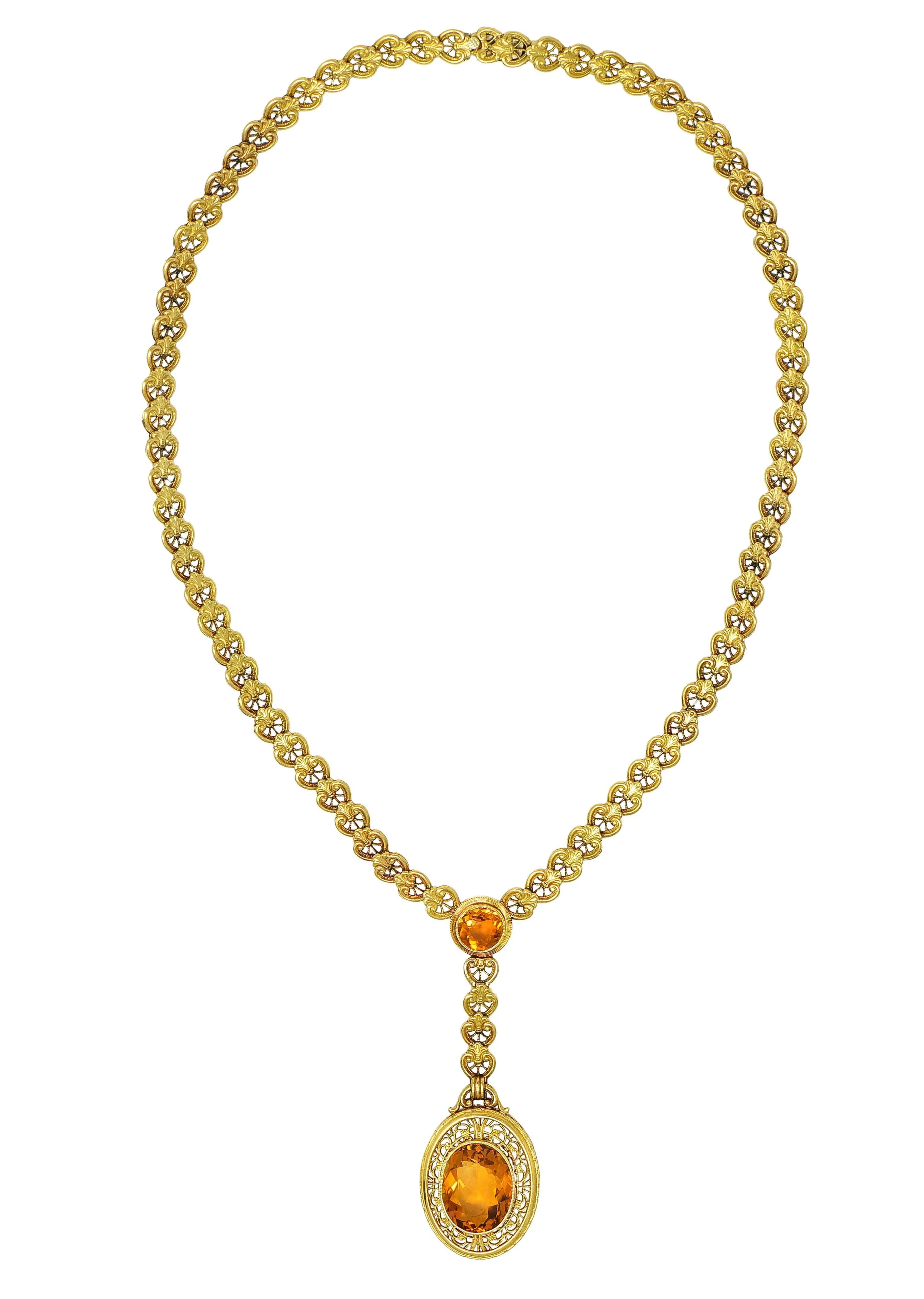 Early Art Deco Bippart & Co. Citrine 14 Karat Yellow Gold Lotus Antique Sautoir Drop Necklace