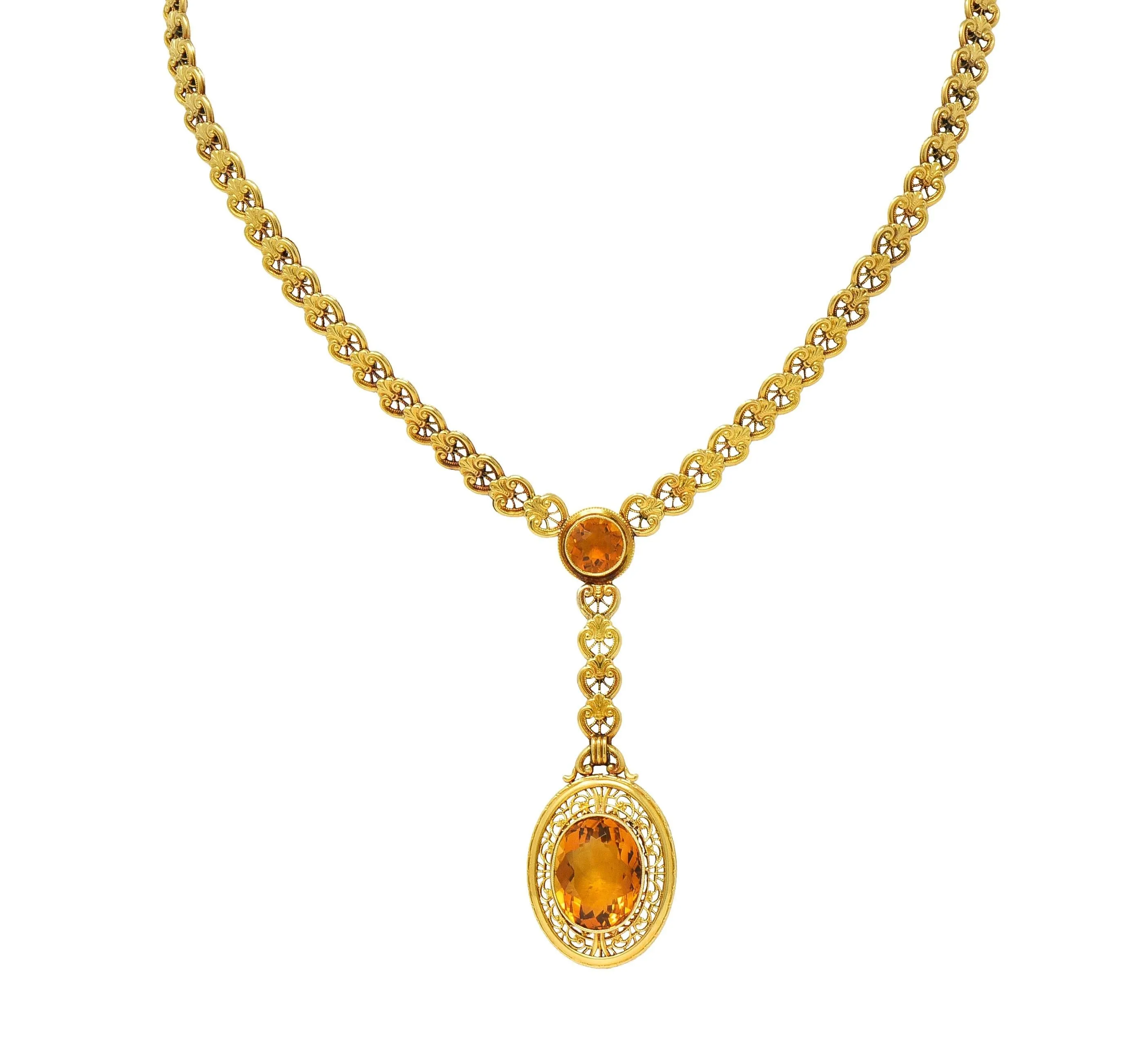 Early Art Deco Bippart & Co. Citrine 14 Karat Yellow Gold Lotus Antique Sautoir Drop Necklace