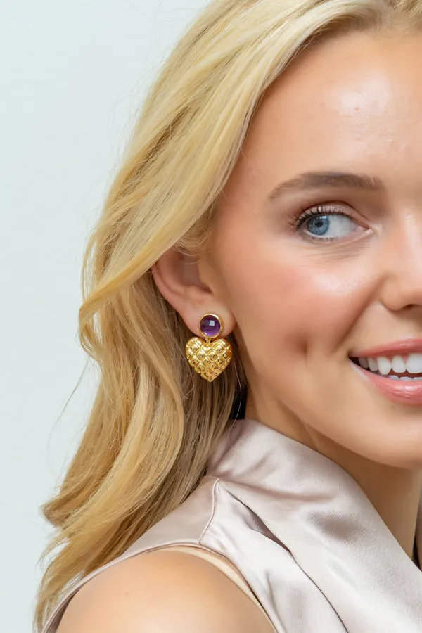 Elizabeth Amethyst & Quilted Gold Heart Earring