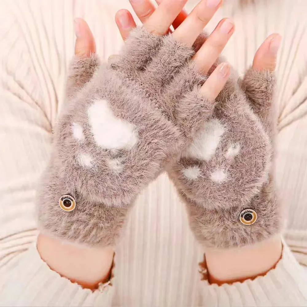 Fluffy Bear Cat Paw Claw Fingerless Winter Gloves - Korean Style Gift for Christmas