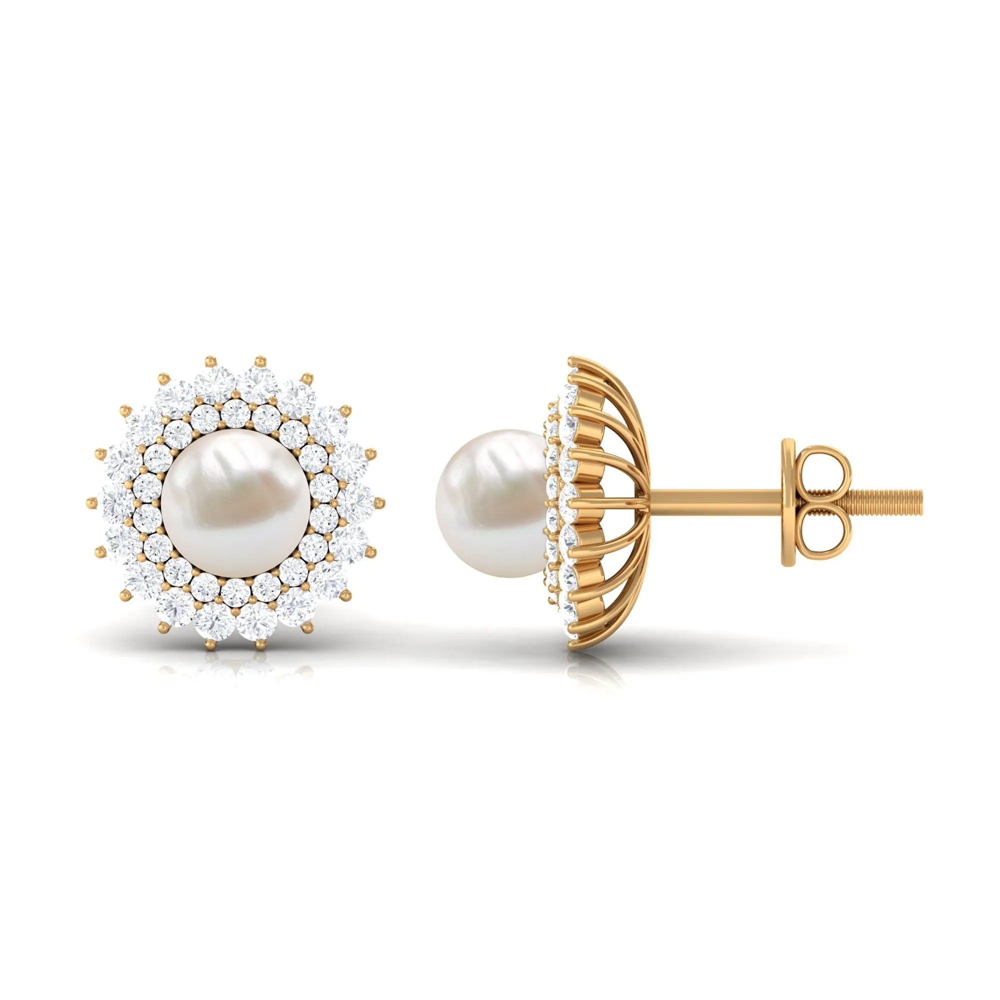 Freshwater Pearl Statement Stud Earrings with Diamond Double Halo