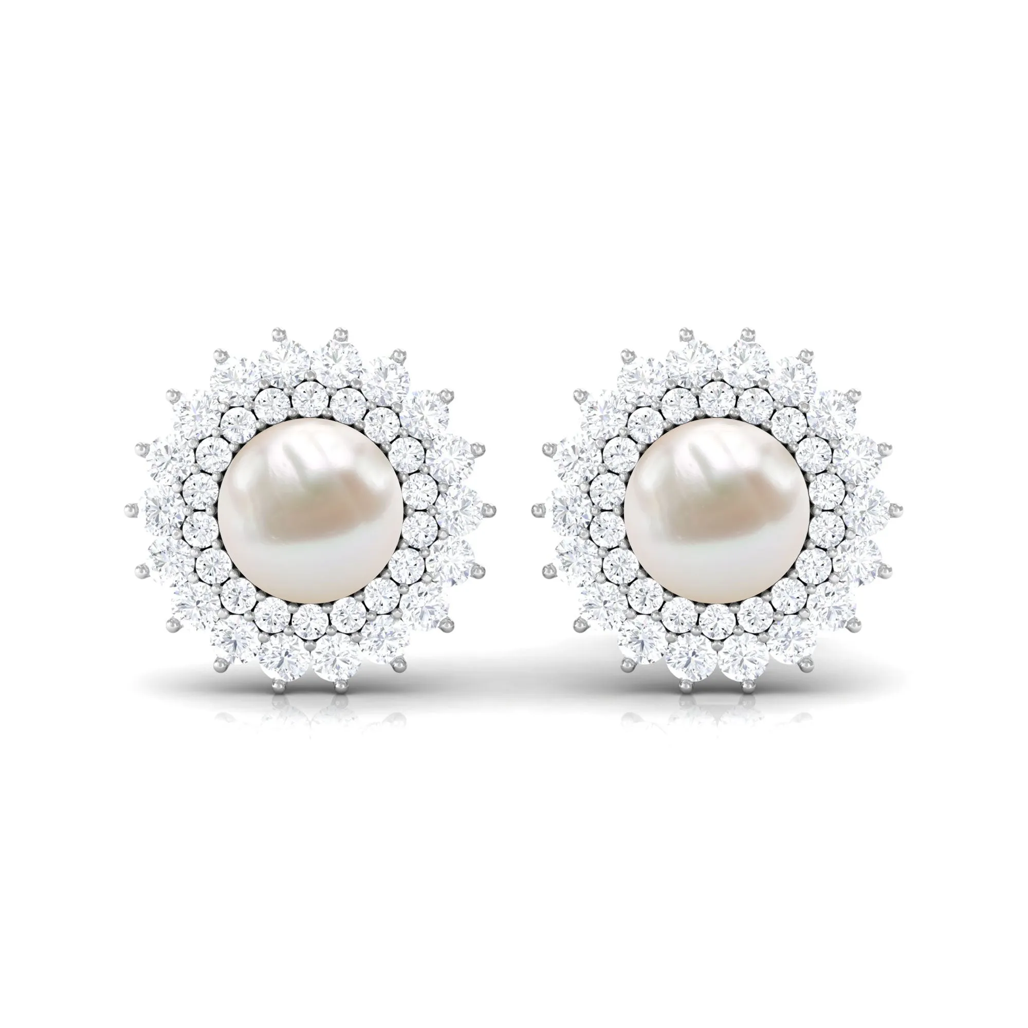 Freshwater Pearl Statement Stud Earrings with Diamond Double Halo