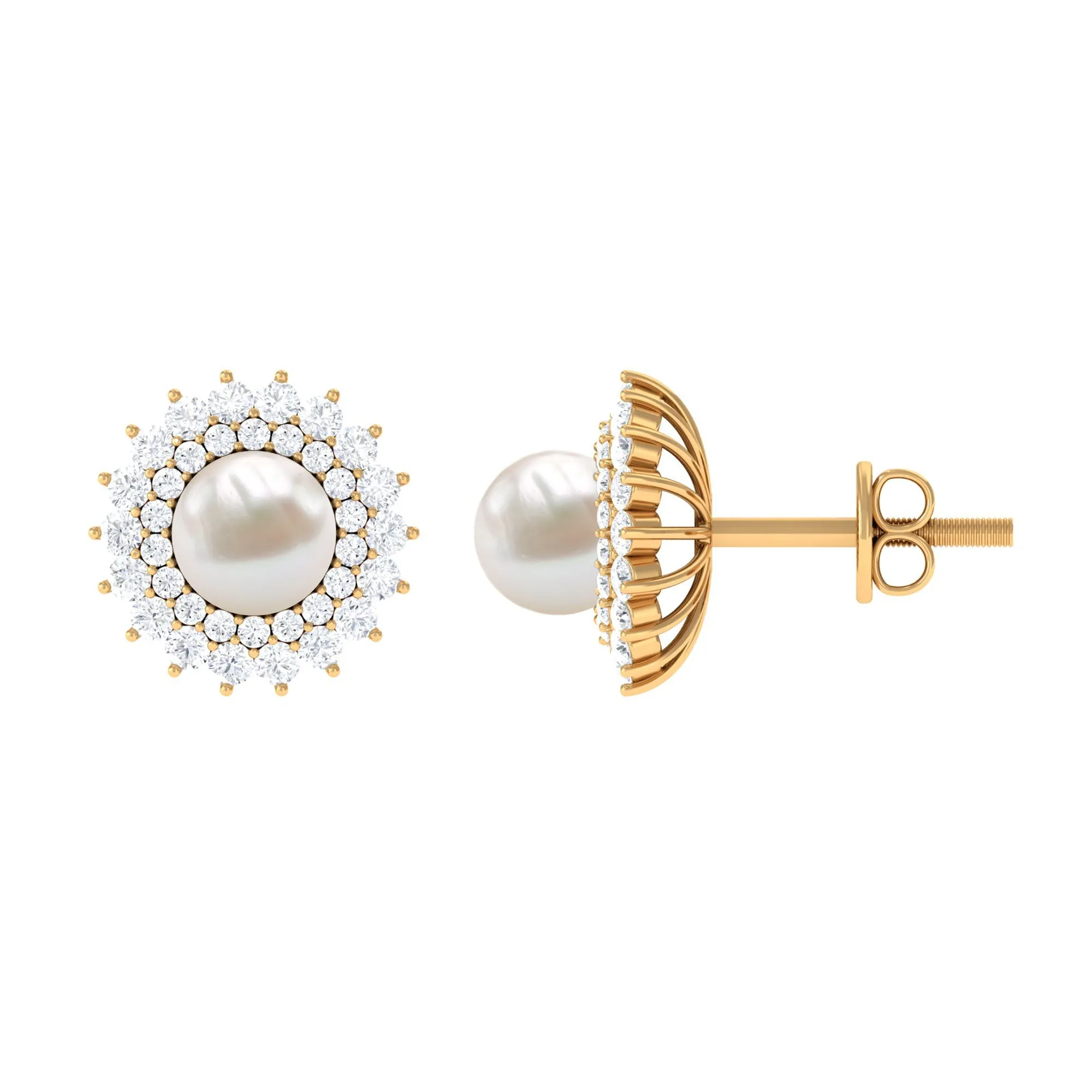 Freshwater Pearl Statement Stud Earrings with Diamond Double Halo