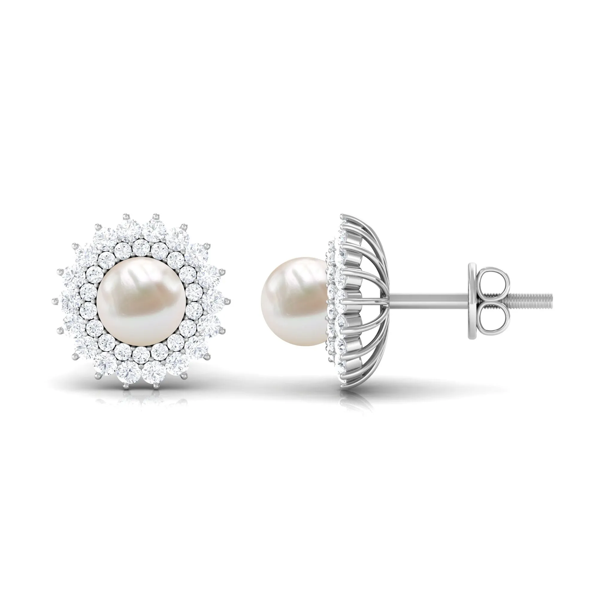 Freshwater Pearl Statement Stud Earrings with Diamond Double Halo