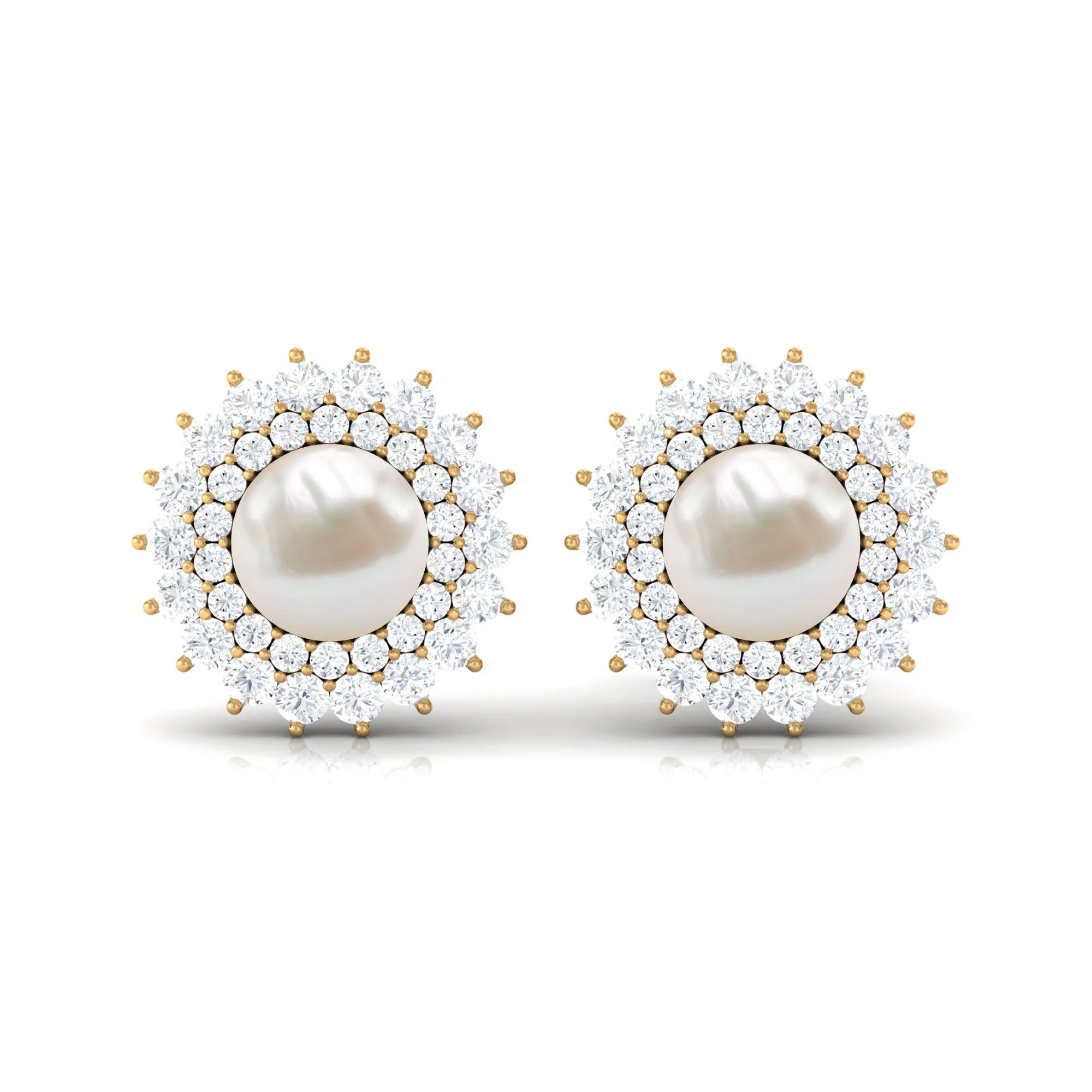 Freshwater Pearl Statement Stud Earrings with Diamond Double Halo