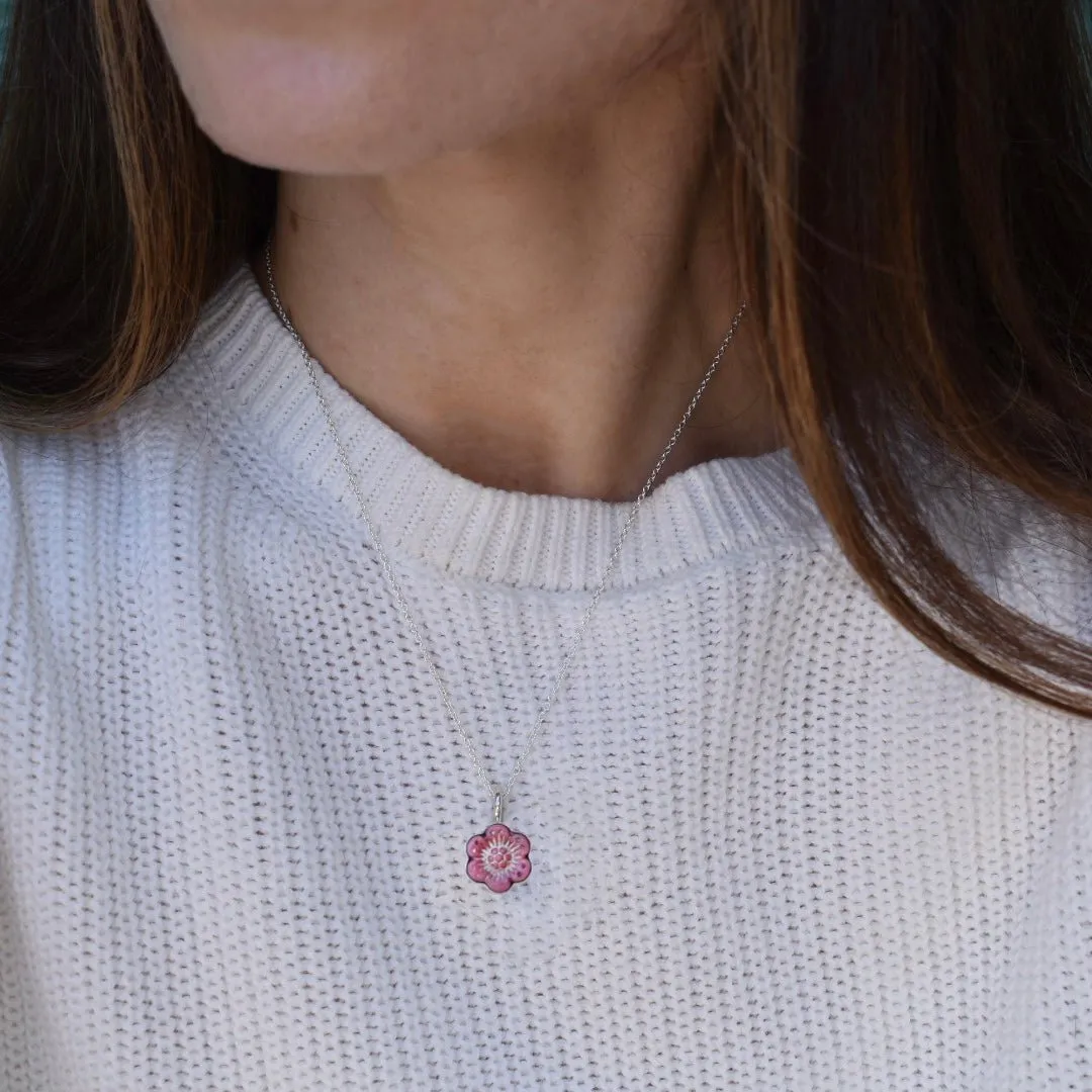 Glass Flower Token Pendant Necklace, Sterling Silver Talisman