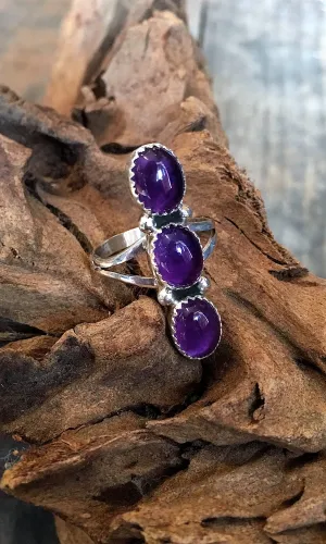 GRAPE EXPECTATIONS Triple Purple Amethyst & Sterling Silver Navajo Ring, SZ 8, 9, 10