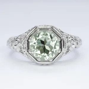 GREEN AMETHYST STERLING SILVER RING VINTAGE STYLE ART DECO FILIGREE ROUND CUT