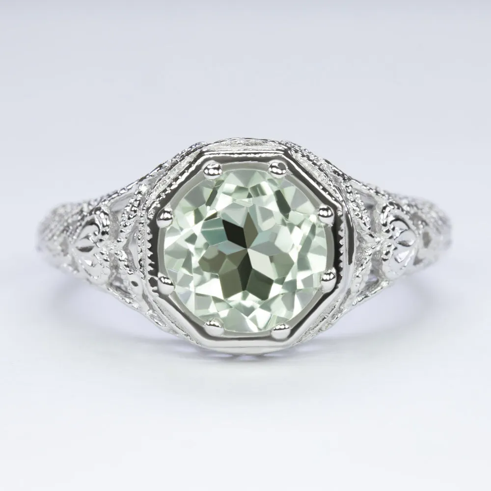 GREEN AMETHYST STERLING SILVER RING VINTAGE STYLE ART DECO FILIGREE ROUND CUT