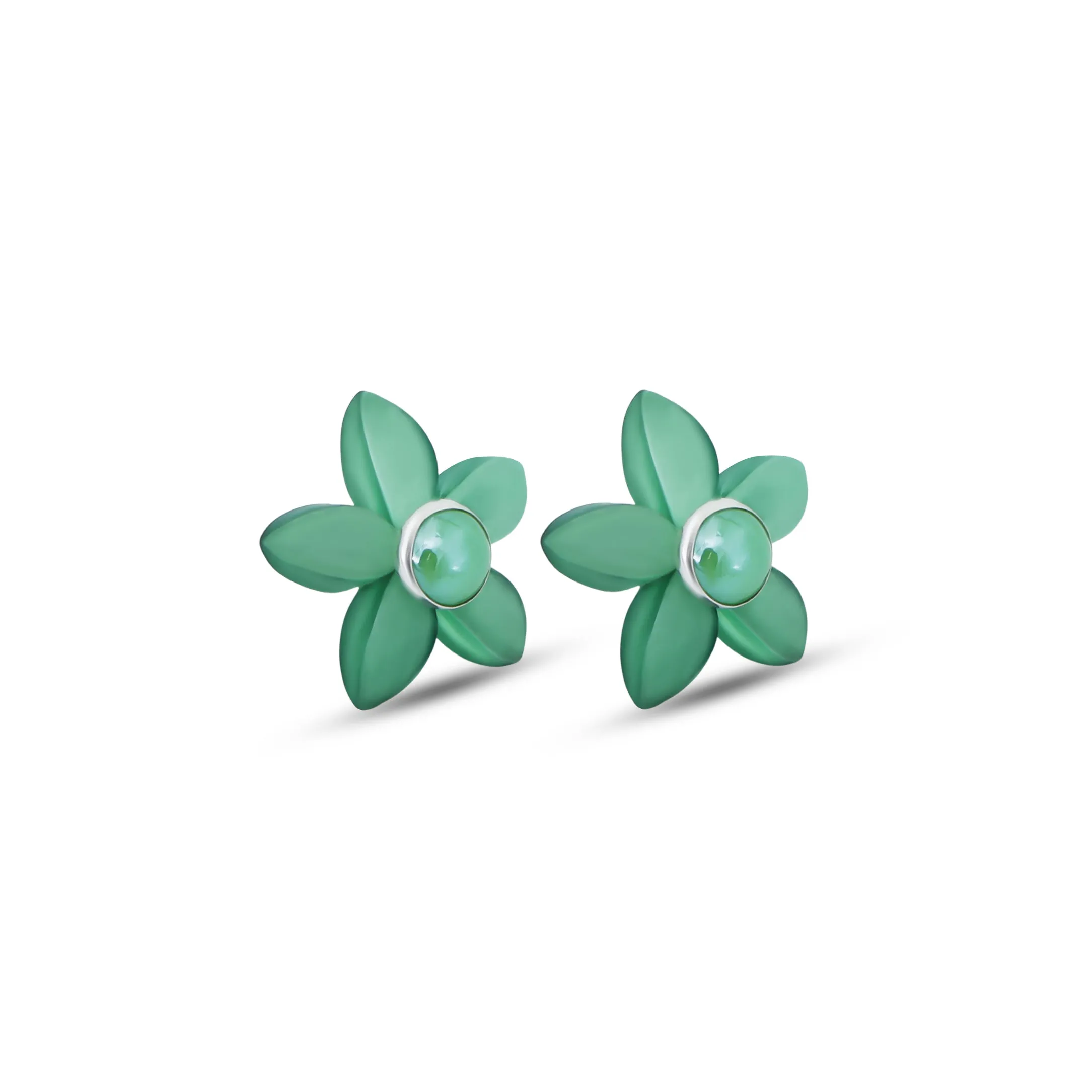 Green Flower Stud Silver Earrings with Pearl Center