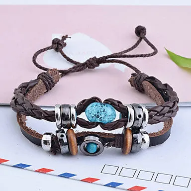 Handmade Vintage Multi Strand Blue Amber Bead Charm Leather Wrap Bracelet