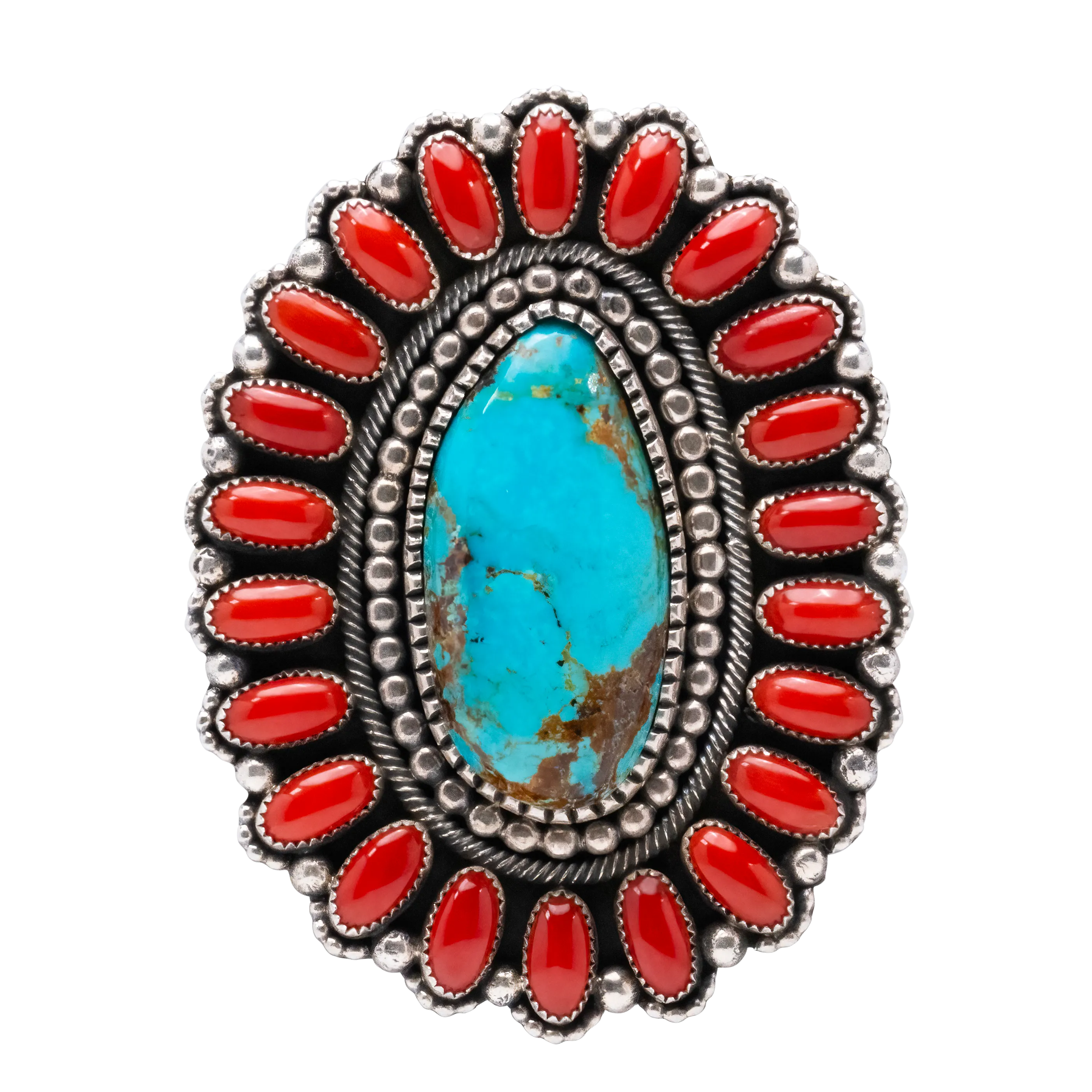 High-grade Kingman Turquoise & Mediterranean Coral Cluster Ring | Hemerson Brown