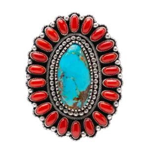 High-grade Kingman Turquoise & Mediterranean Coral Cluster Ring | Hemerson Brown