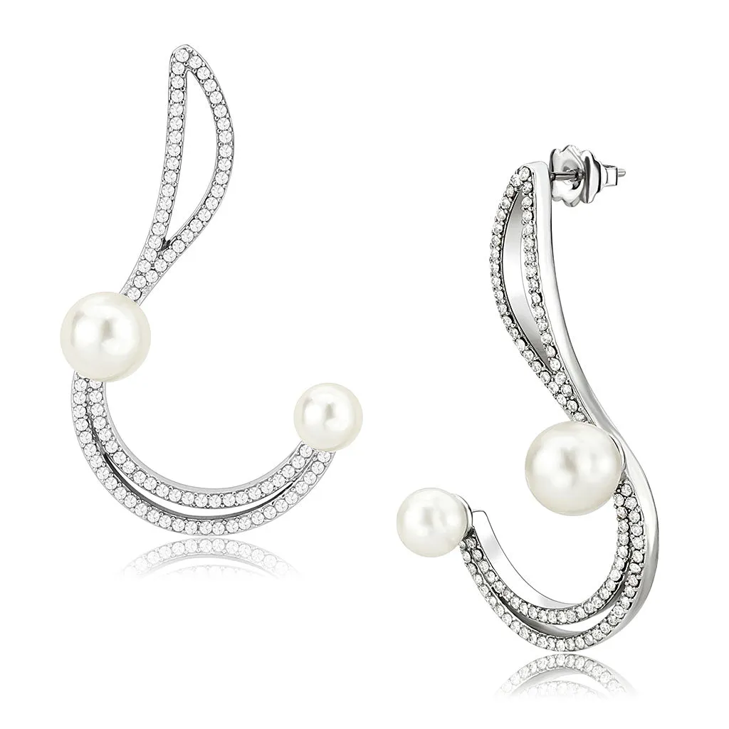 High polished (no plating) Stainless Steel Earrings with Synthetic Pearl in White for Women White Stone Color Style DA375