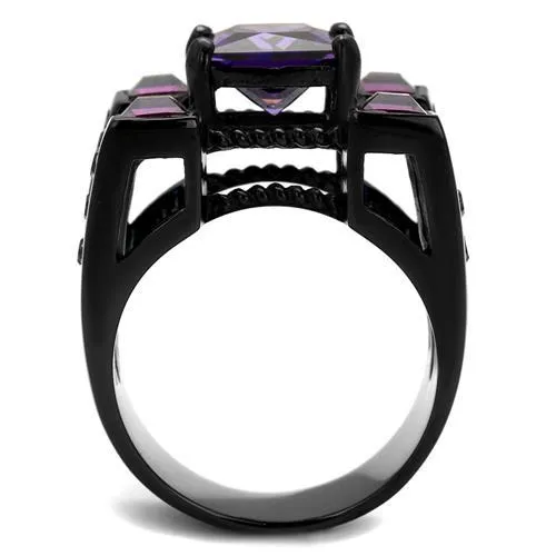 IP Black(Ion Plating) Stainless Steel Ring with AAA Grade CZ in Amethyst for Women Style TK1072J