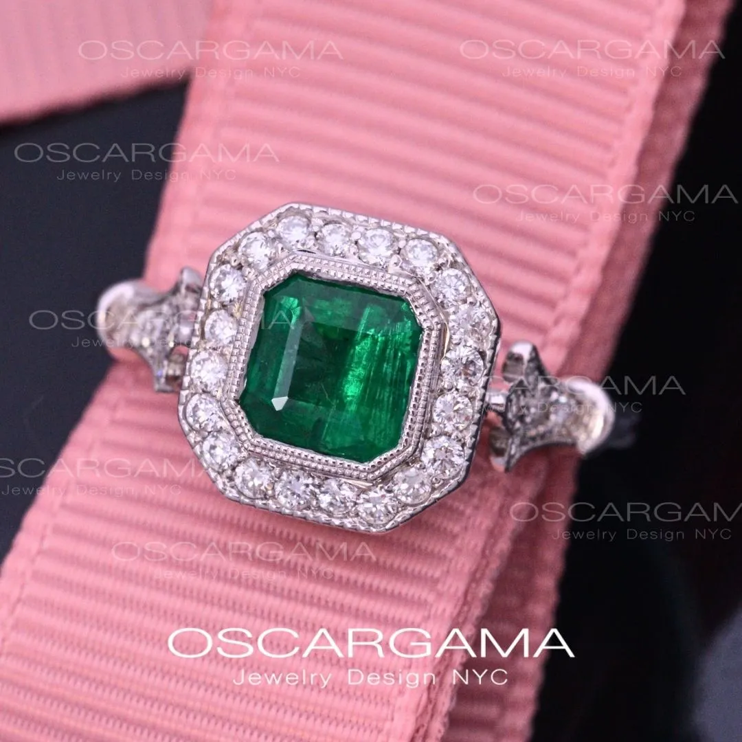 Jessica Asscher Cut Bezel Emerald Halo Engagement Ring