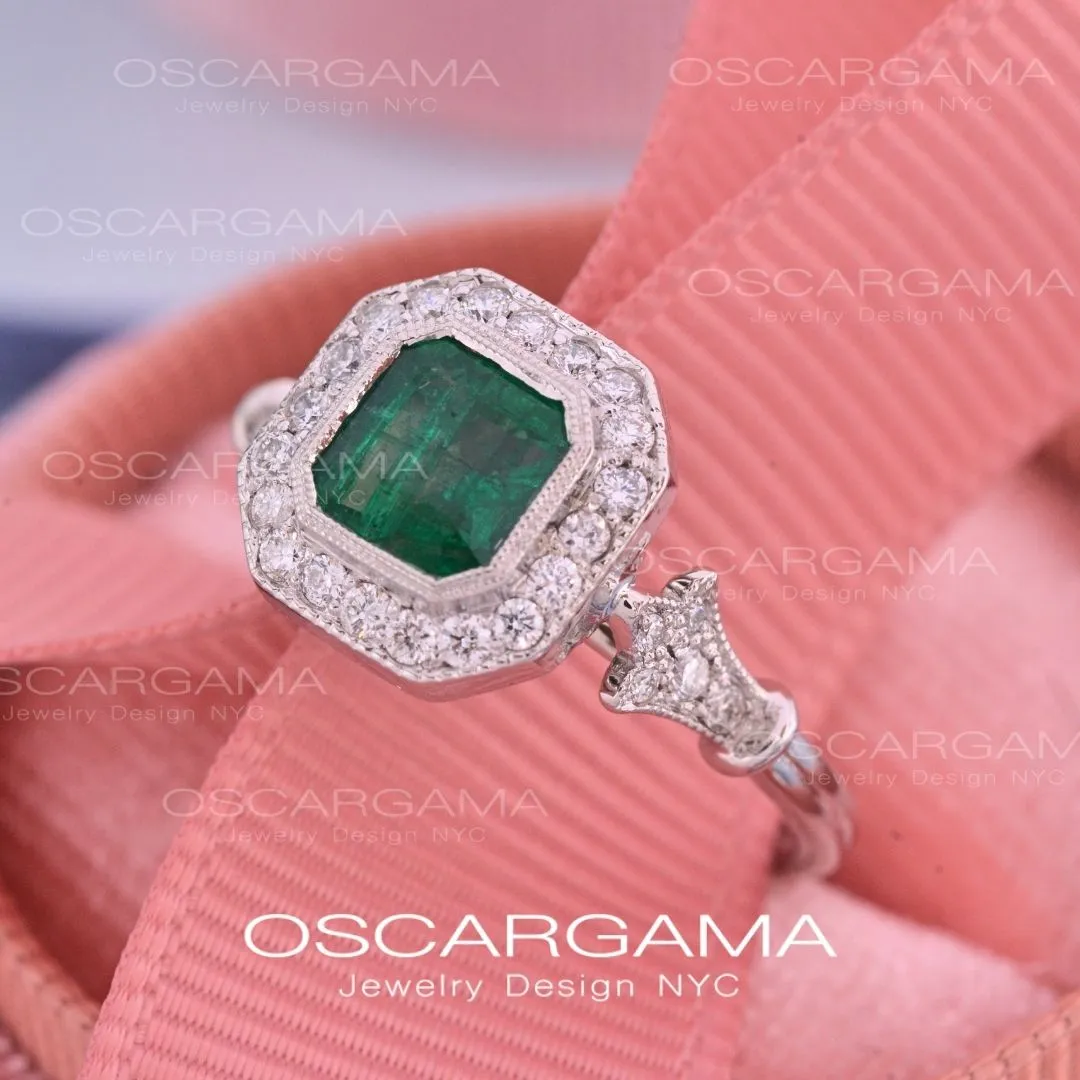 Jessica Asscher Cut Bezel Emerald Halo Engagement Ring