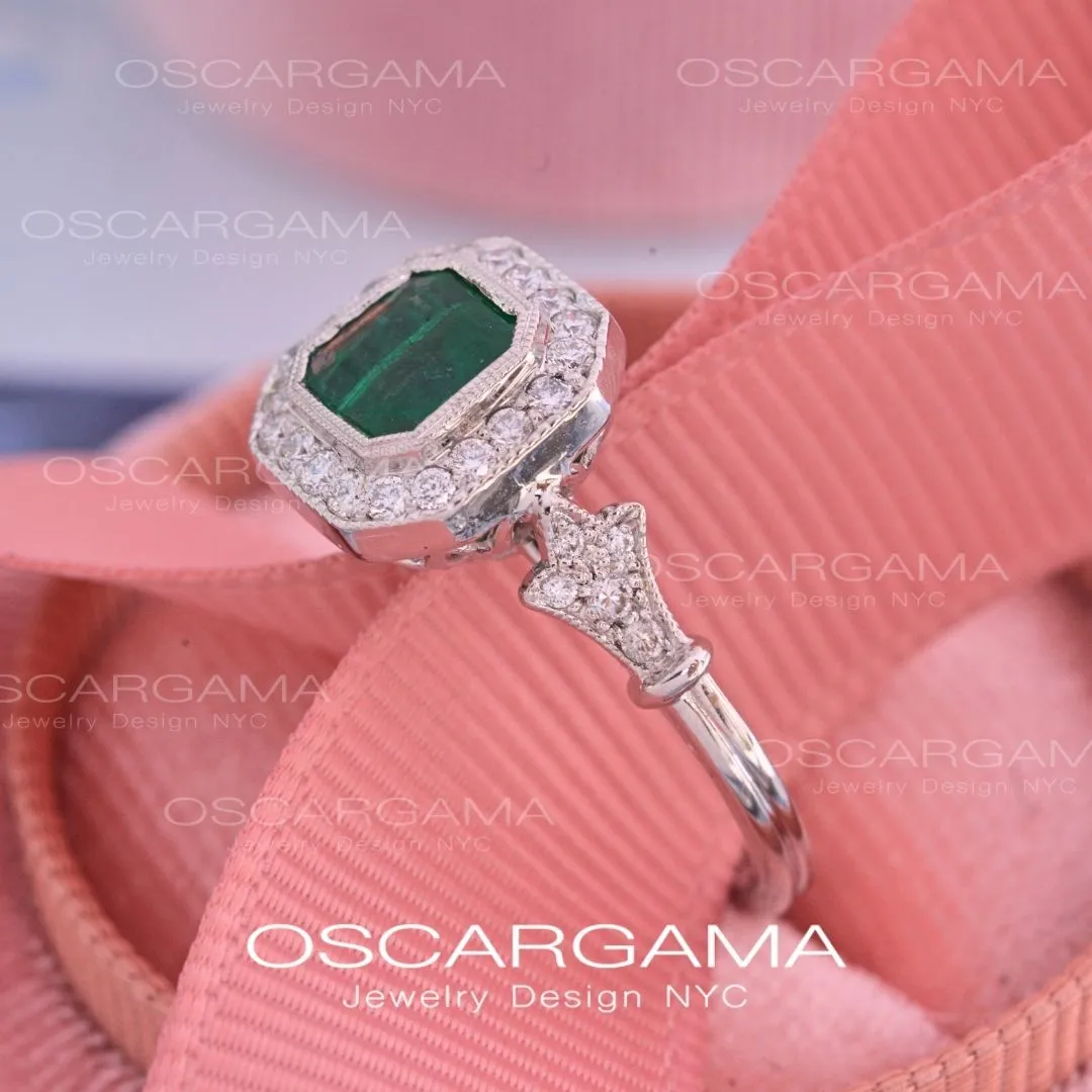 Jessica Asscher Cut Bezel Emerald Halo Engagement Ring