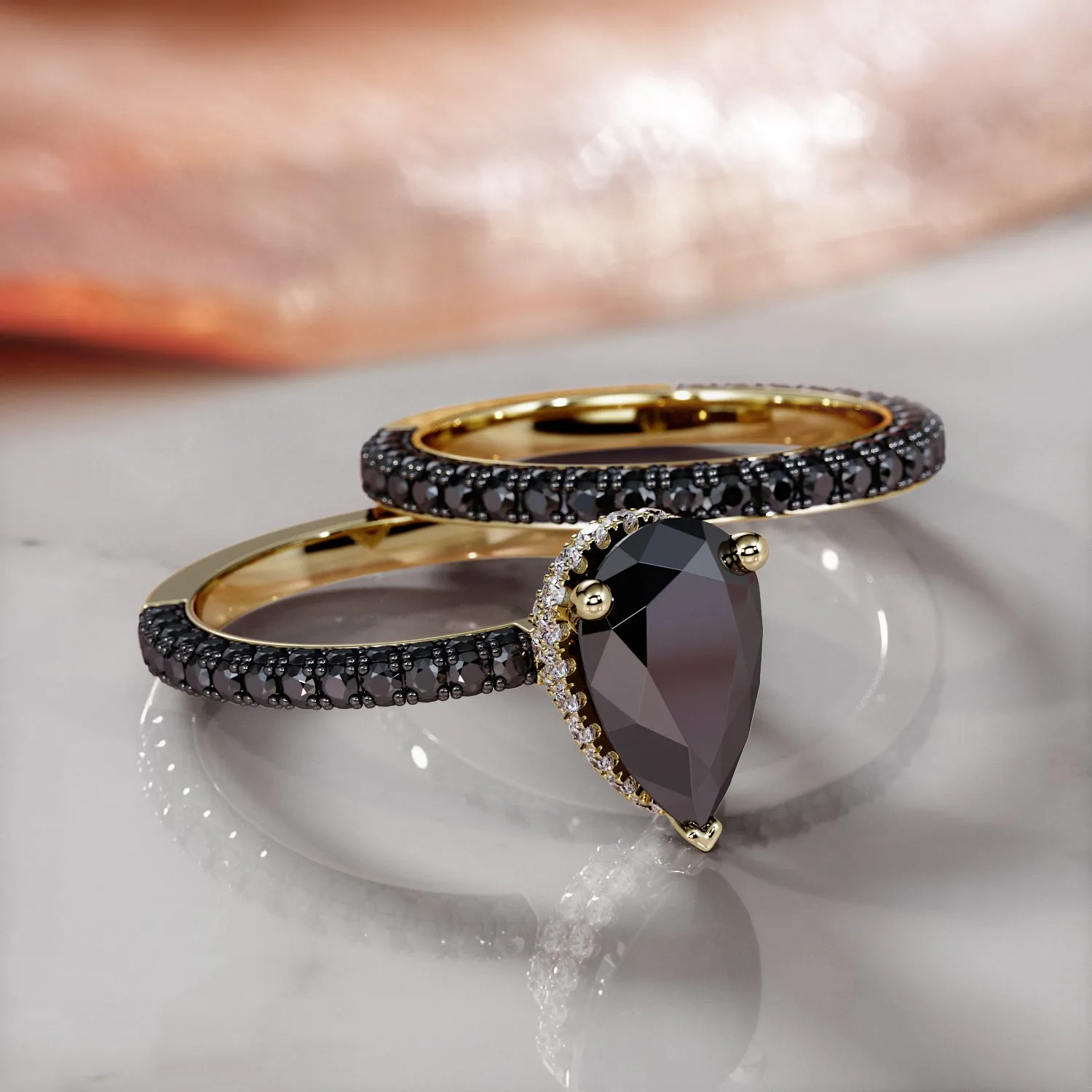 Luar - Natural Black Diamond Pear wedding band and Engagement Ring  in Yellow Gold