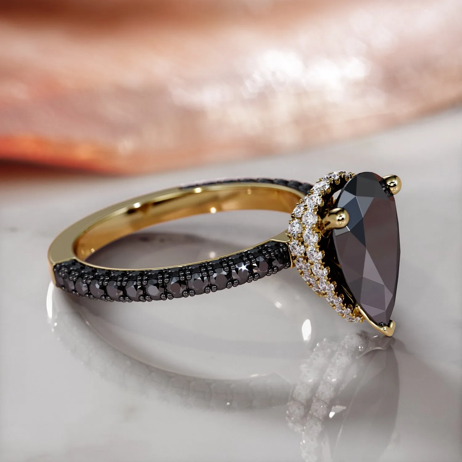 Luar - Natural Black Diamond Pear wedding band and Engagement Ring  in Yellow Gold