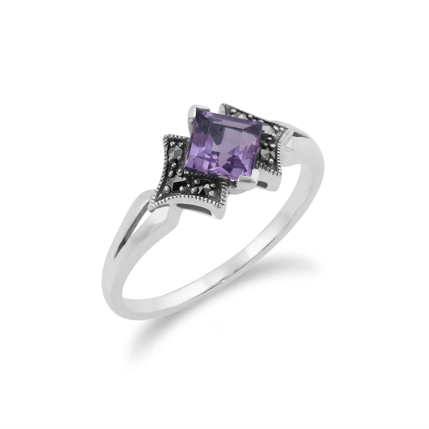 Markasit Ring, 925 Sterlingsilber Kunst Deko Amethyst & Markasit Ring