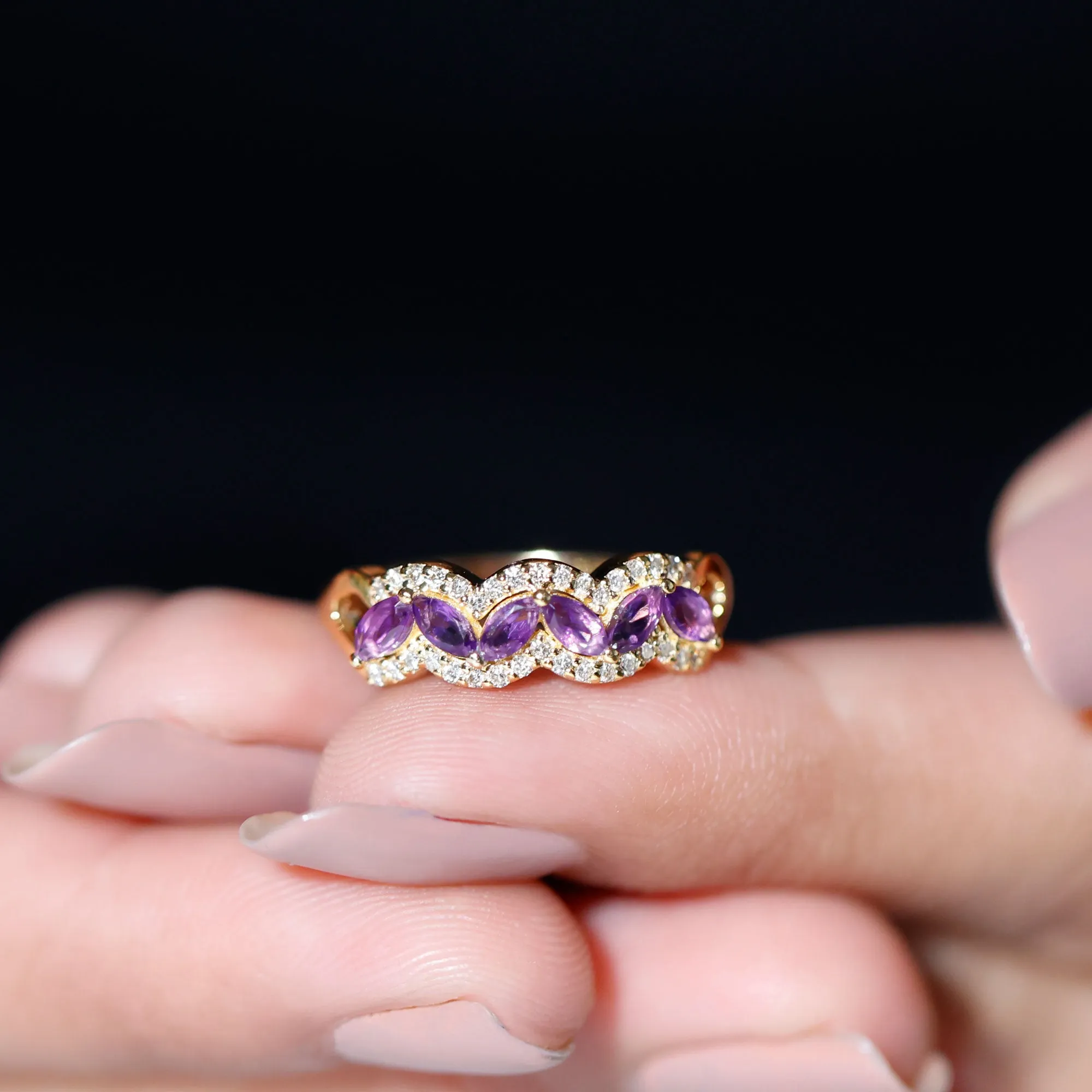 Marquise Shape Amethyst and Diamond Anniversary Band Ring