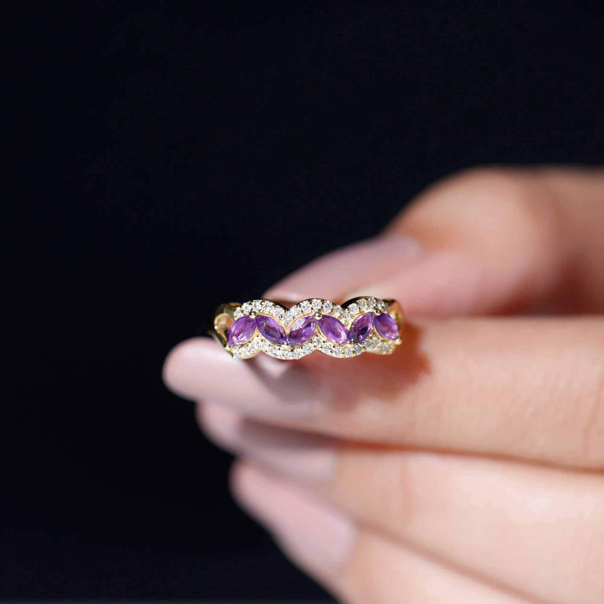 Marquise Shape Amethyst and Diamond Anniversary Band Ring