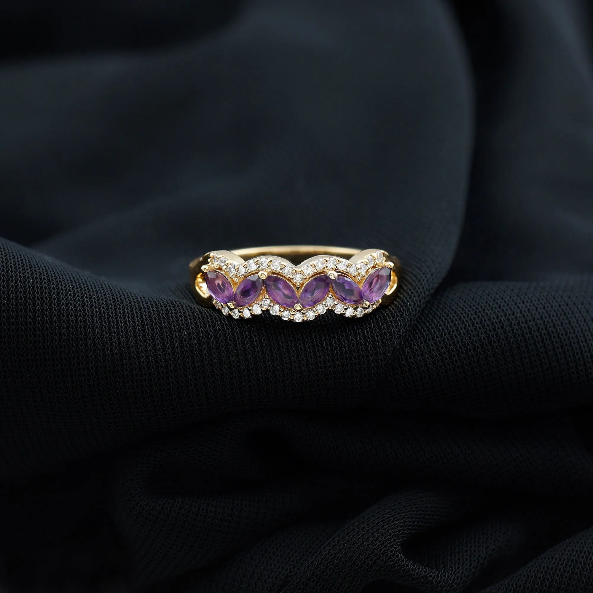 Marquise Shape Amethyst and Diamond Anniversary Band Ring