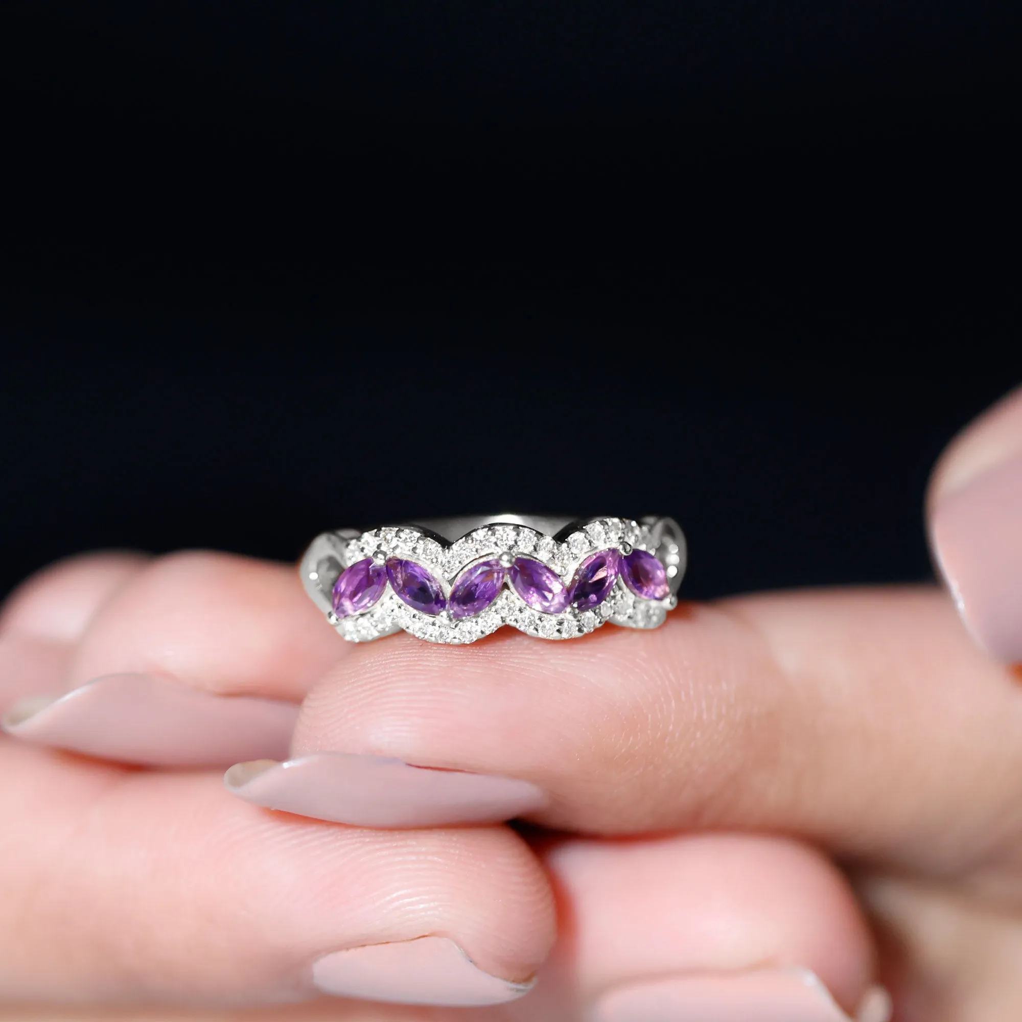 Marquise Shape Amethyst and Diamond Anniversary Band Ring