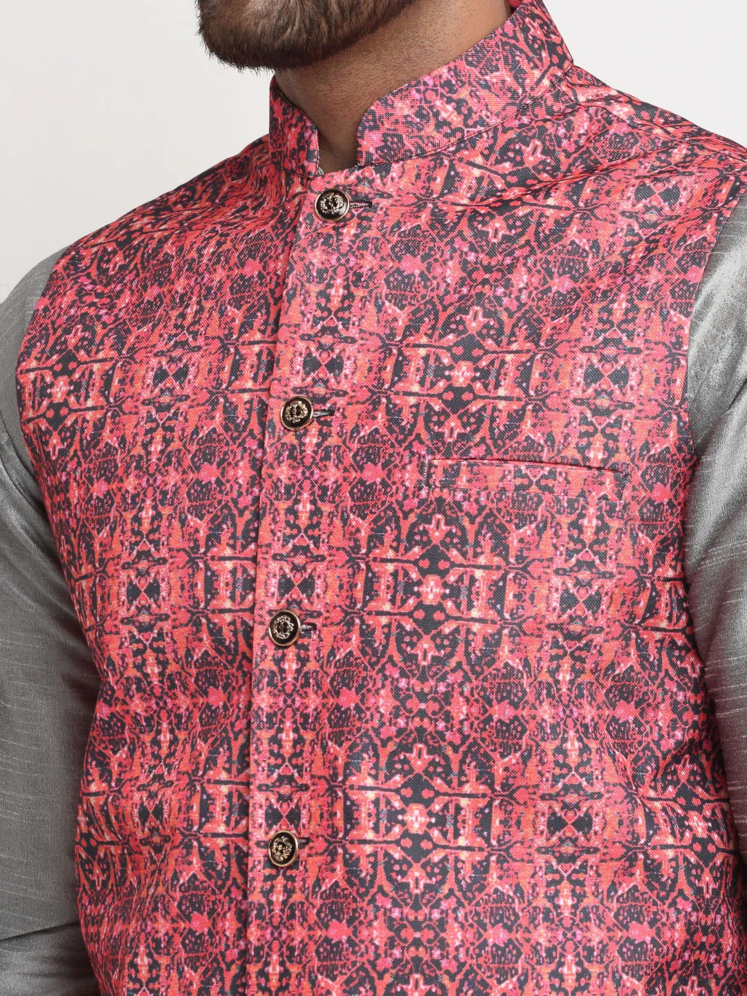 Men's Silk Blend Grey Kurta With Pyjama & Coral Red Printed Nehru Jacket - Benstoke