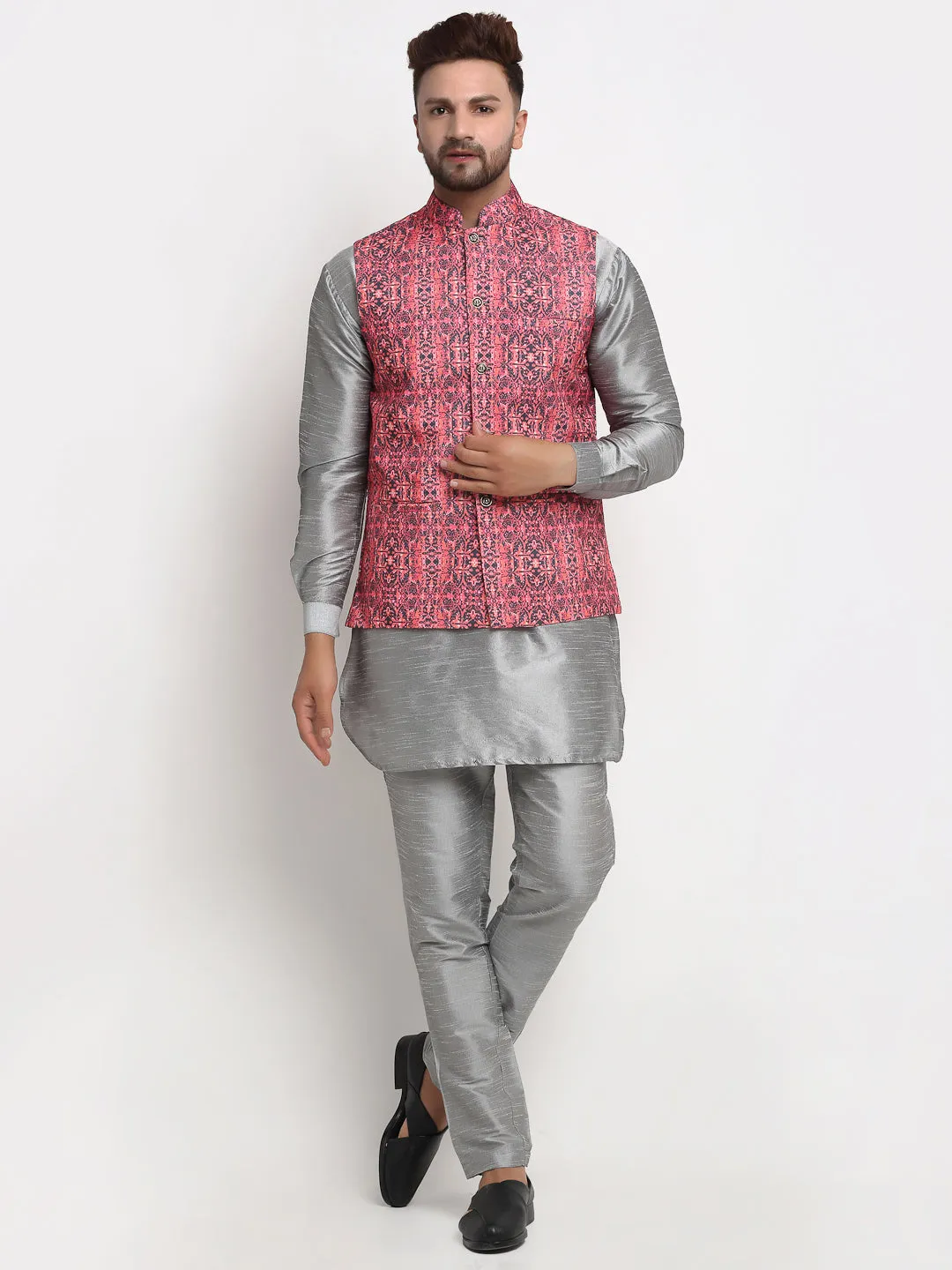 Men's Silk Blend Grey Kurta With Pyjama & Coral Red Printed Nehru Jacket - Benstoke