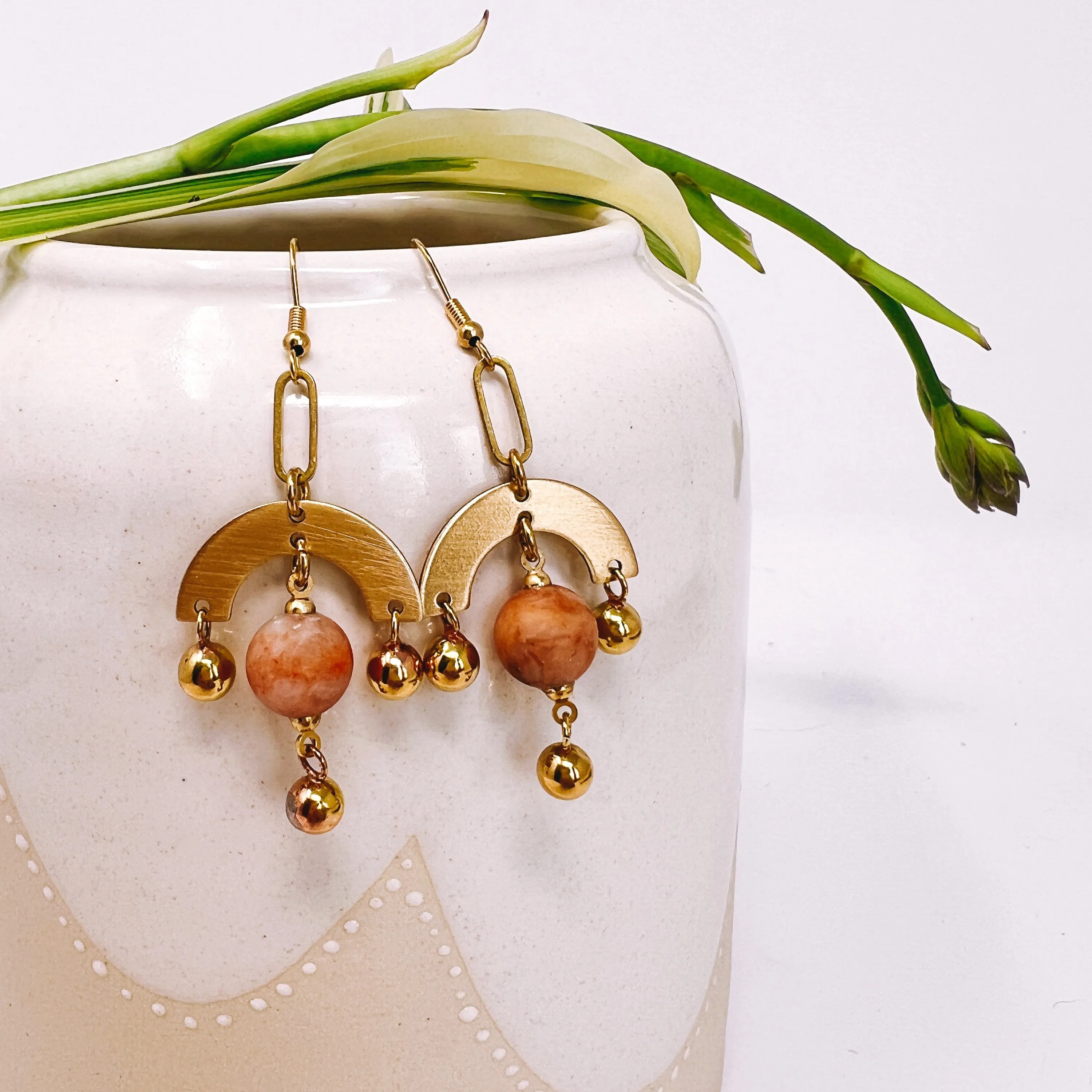 Modern Brass Dangle Earring Rainbow With Semi-Precious Stone