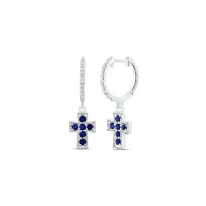 Natural Blue Sapphire & Diamond Cross Hoop Dangle Earrings 14k White Gold