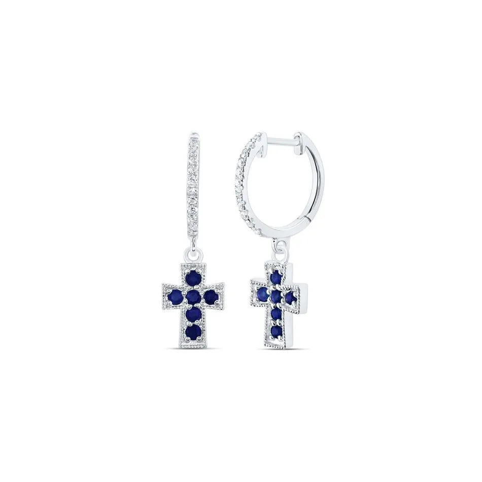 Natural Blue Sapphire & Diamond Cross Hoop Dangle Earrings 14k White Gold