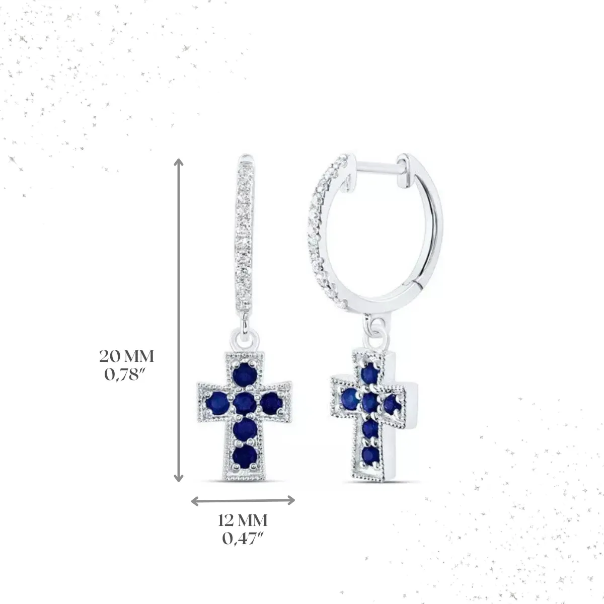 Natural Blue Sapphire & Diamond Cross Hoop Dangle Earrings 14k White Gold