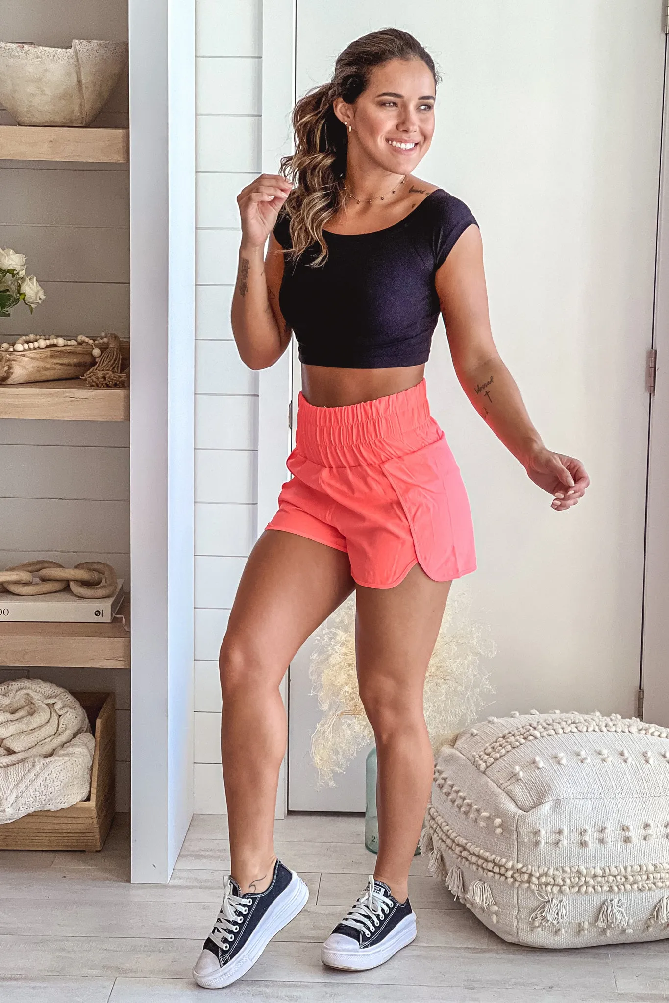 Neon Coral Elastic Waist Active Wear Shorts