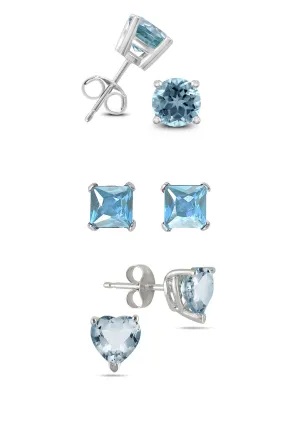 Paris Jewelry 18k White Gold 4Cttw Created Aquamarine 3 Pair Round, Square And Heart Stud Earrings Plated